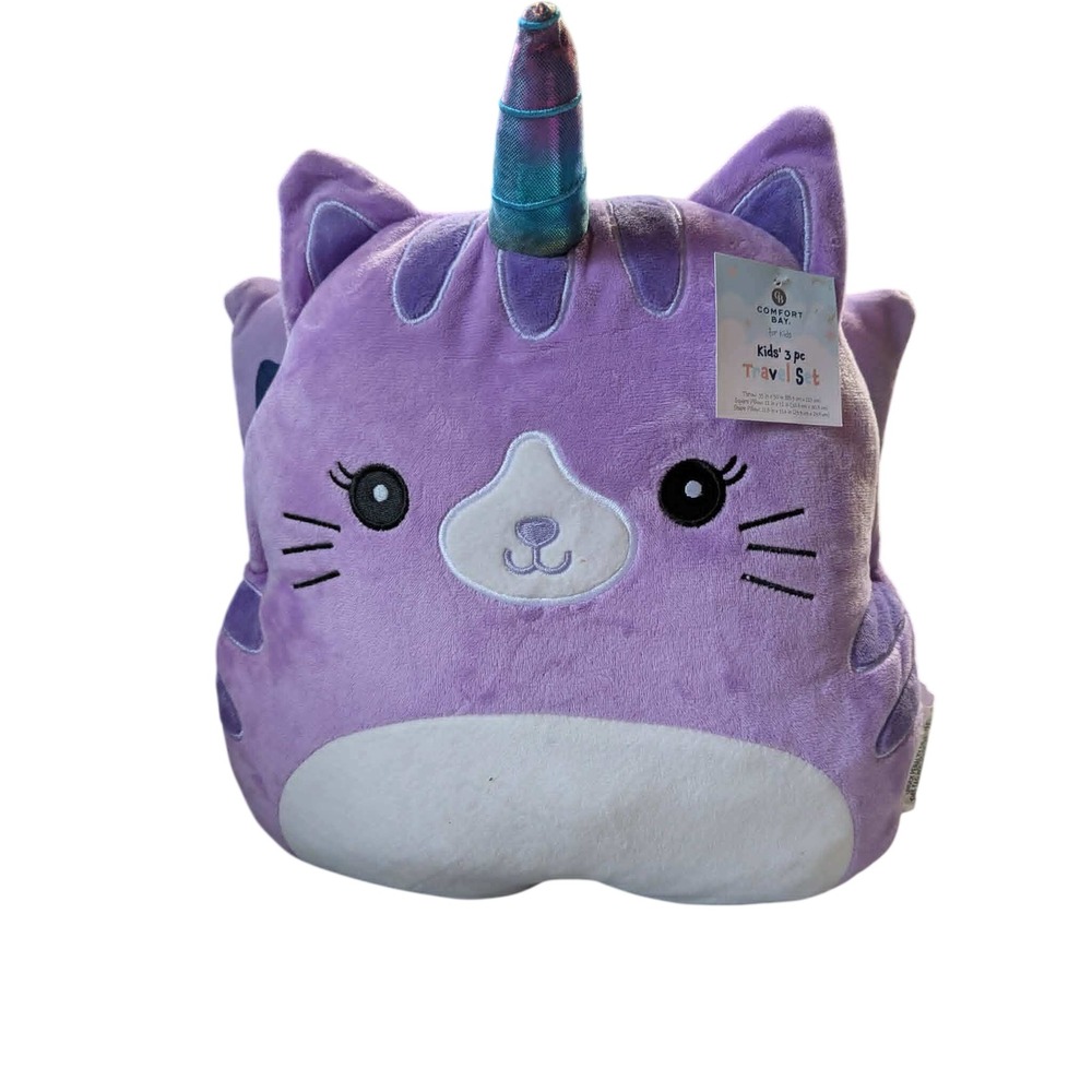 Comfort Bay Kids 3 pc Travel Set Purple Caticorn Throw Blanket and‎ Pillows NEW